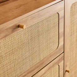 Schoenenkast met 3 kleplades en 1 deur houtdecor en rotan 120cm