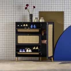Schoenenkast met 3 kleplades en 1 deur houtdecor en rotan 120cm