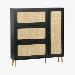 Schoenenkast met 3 kleplades en 1 deur houtdecor en rotan 120cm