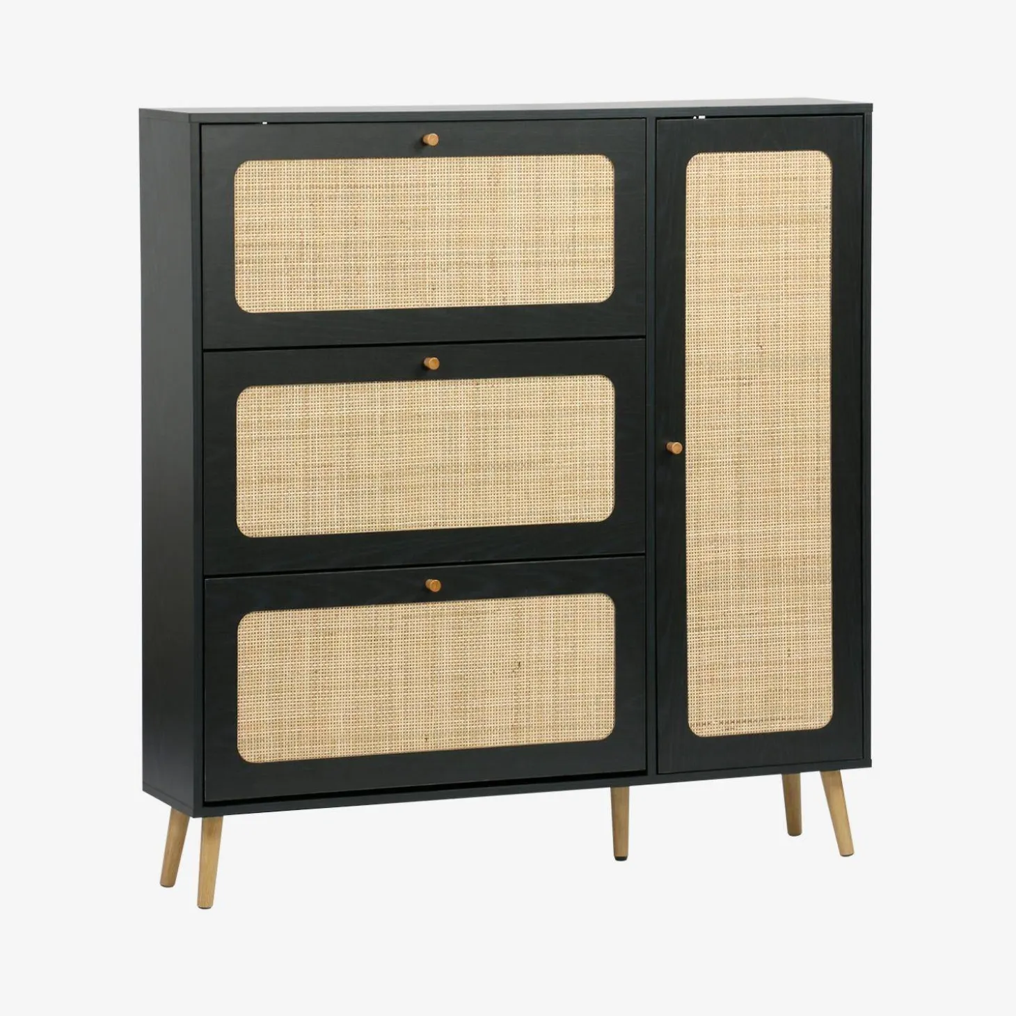 Schoenenkast met 3 kleplades en 1 deur houtdecor en rotan 120cm