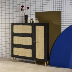 Schoenenkast met 3 kleplades en 1 deur houtdecor en rotan 120cm