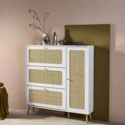 Schoenenkast met 3 kleplades en 1 deur houtdecor en rotan 120cm