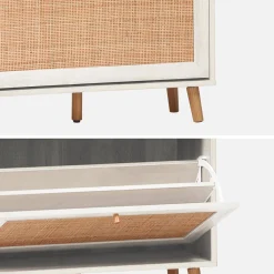 Schoenenkast met 3 kleplades houtdecor en rotan 75cm