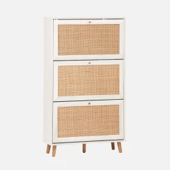 Schoenenkast met 3 kleplades houtdecor en rotan 75cm