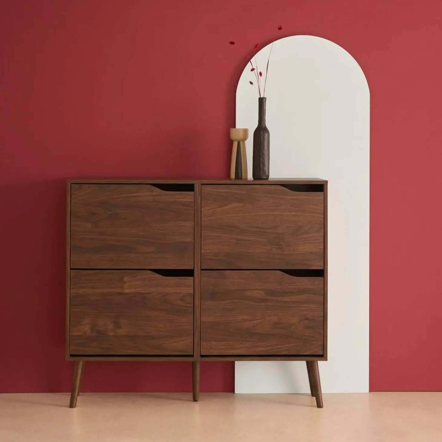 Schoenenkast met 4 kleplades houtdecor 110cm