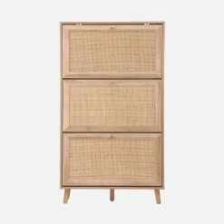 Schoenenkast met 3 kleplades houtdecor en rotan 75cm