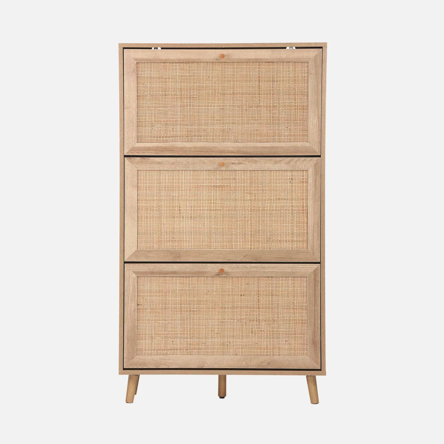 Schoenenkast met 3 kleplades houtdecor en rotan 75cm