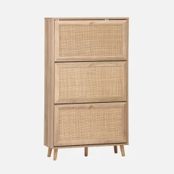 Schoenenkast met 3 kleplades houtdecor en rotan 75cm