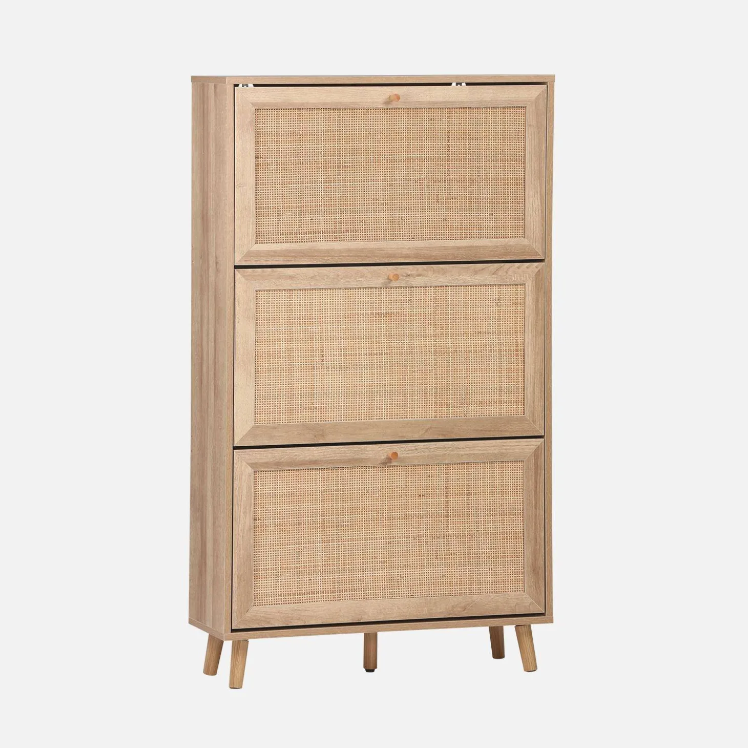 Schoenenkast met 3 kleplades houtdecor en rotan 75cm