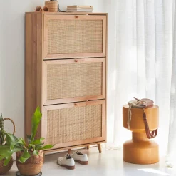 Schoenenkast met 3 kleplades houtdecor en rotan 75cm