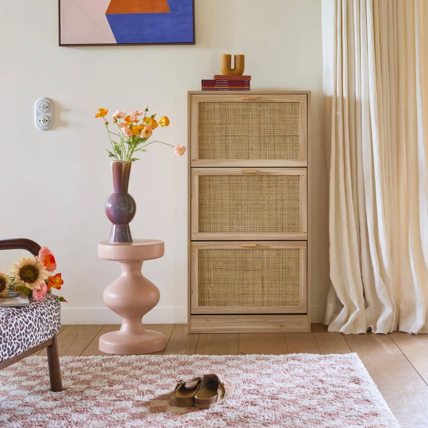 Schoenenkast met 3 kleplades rotan en houteffect 60cm