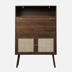 Secretaire bureau kast met houtlook en rotan
