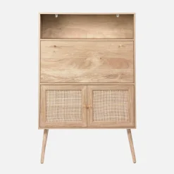 Secretaire bureau kast met houtlook en rotan