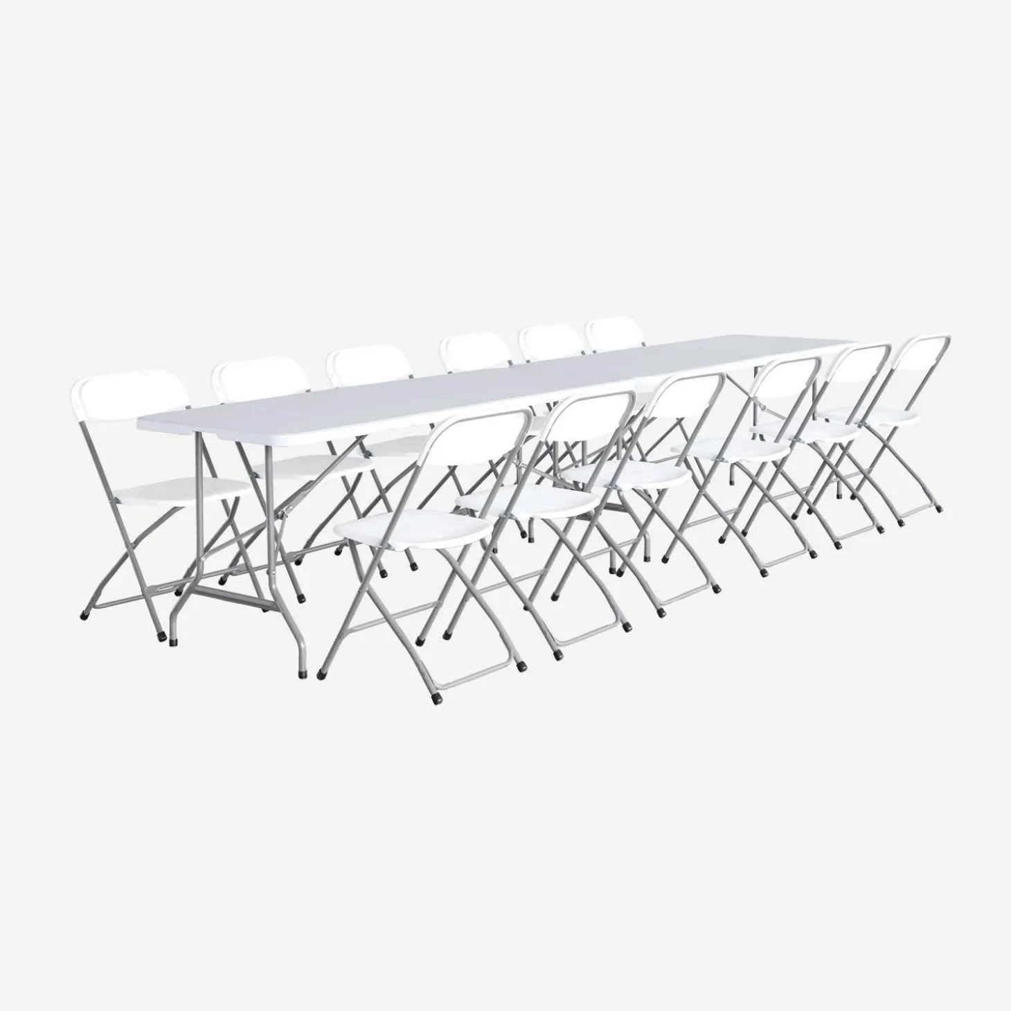 Set van 2 opvouwbare plastic receptietafels + 12 stoelen