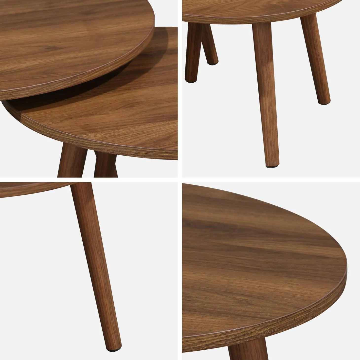 Set van 2 ronde salontafels in walnootkleurig hout