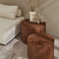 Set van 2 ronde salontafels met houteffect