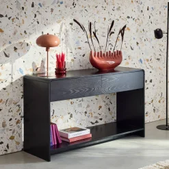 Sidetable met 2 laden en 1 plank, afgerond houteffect