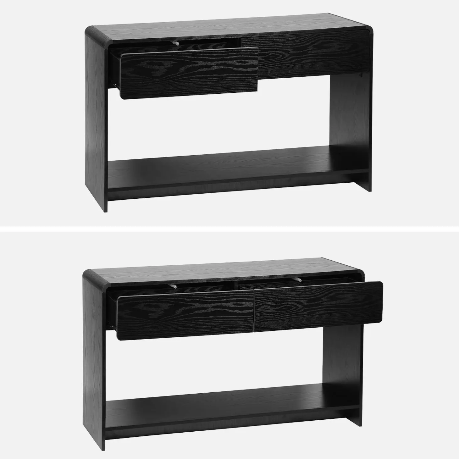 Sidetable met 2 laden en 1 plank, afgerond houteffect