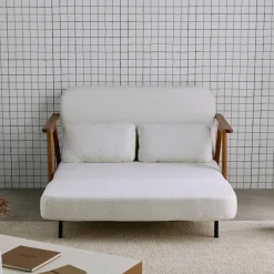 Slaapbank 2-zits rubberhout walnootkleur en bouclé-stof