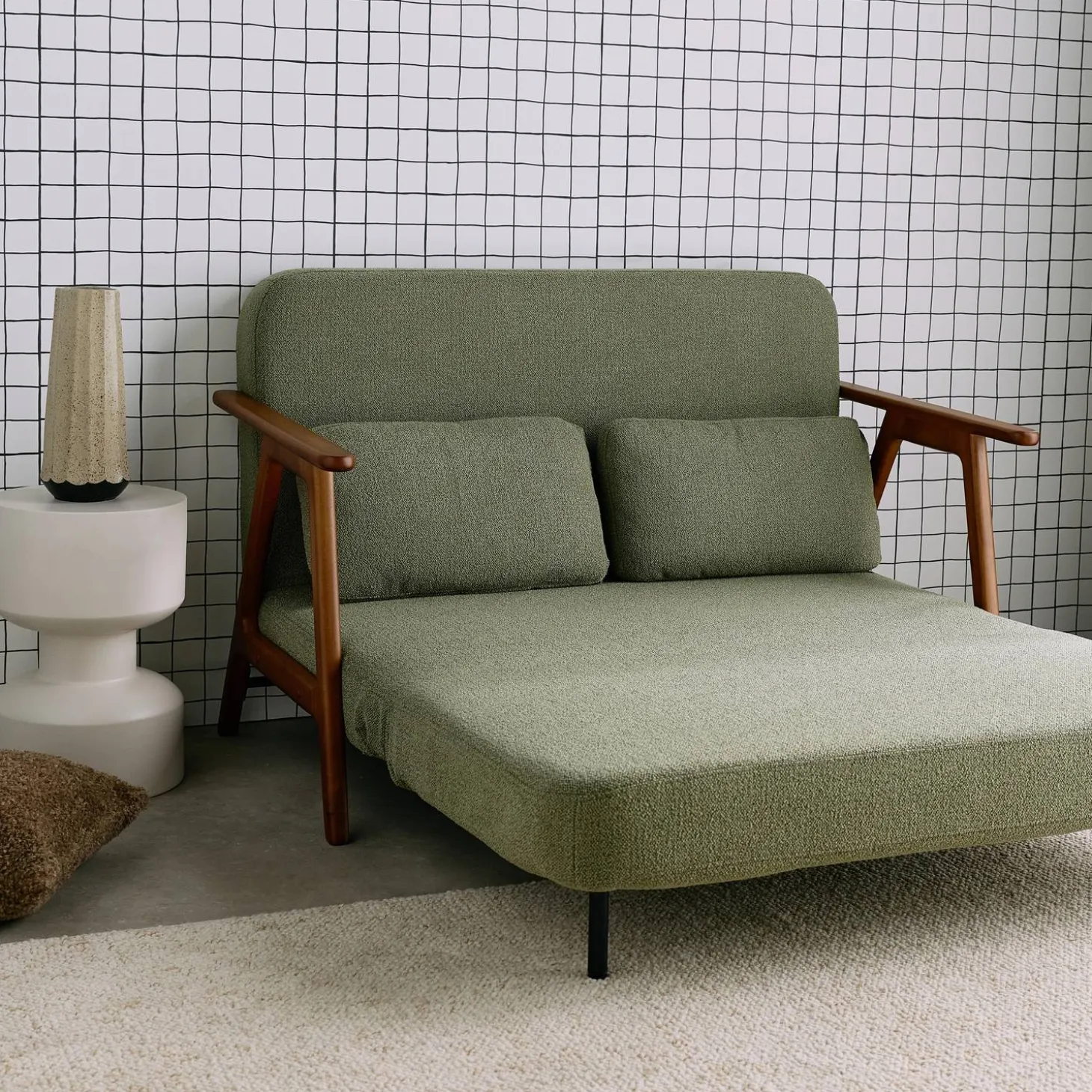 Slaapbank 2-zits rubberhout walnootkleur en bouclé-stof