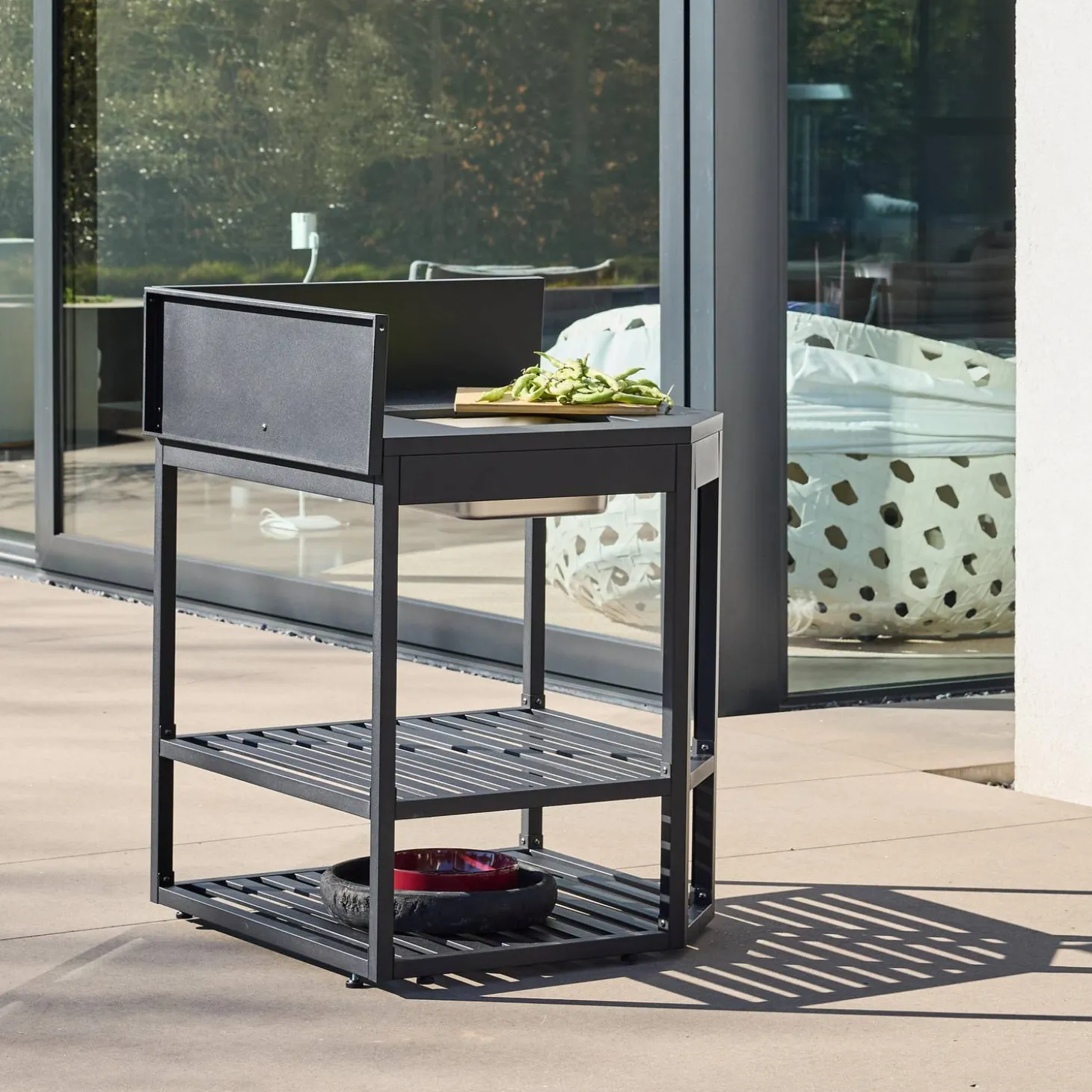 Stalen buitenkeuken hoekmodule met ijsklontjesbak en houten plank L80cm