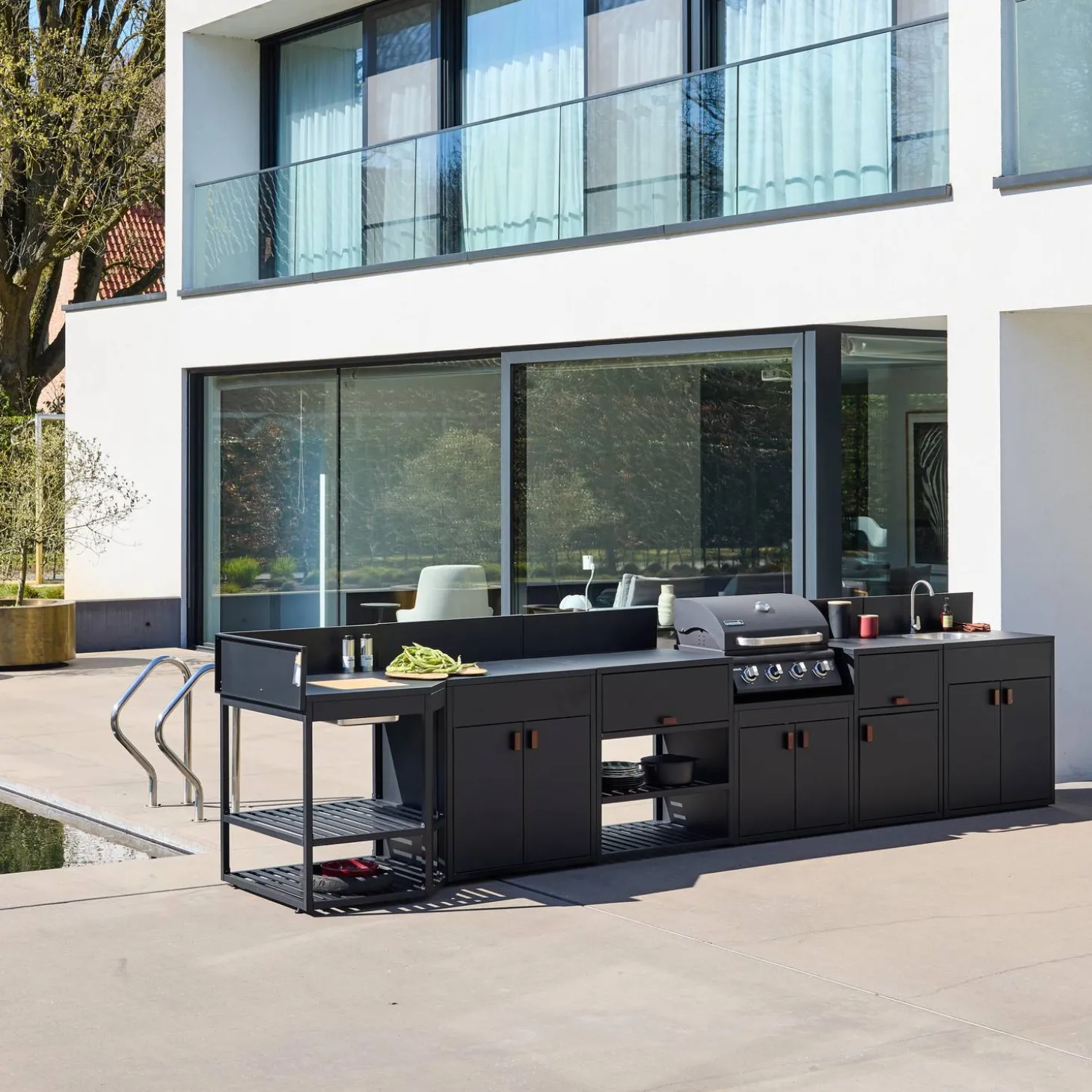 Stalen buitenkeuken 6 modules met gasbarbecue 4 branders