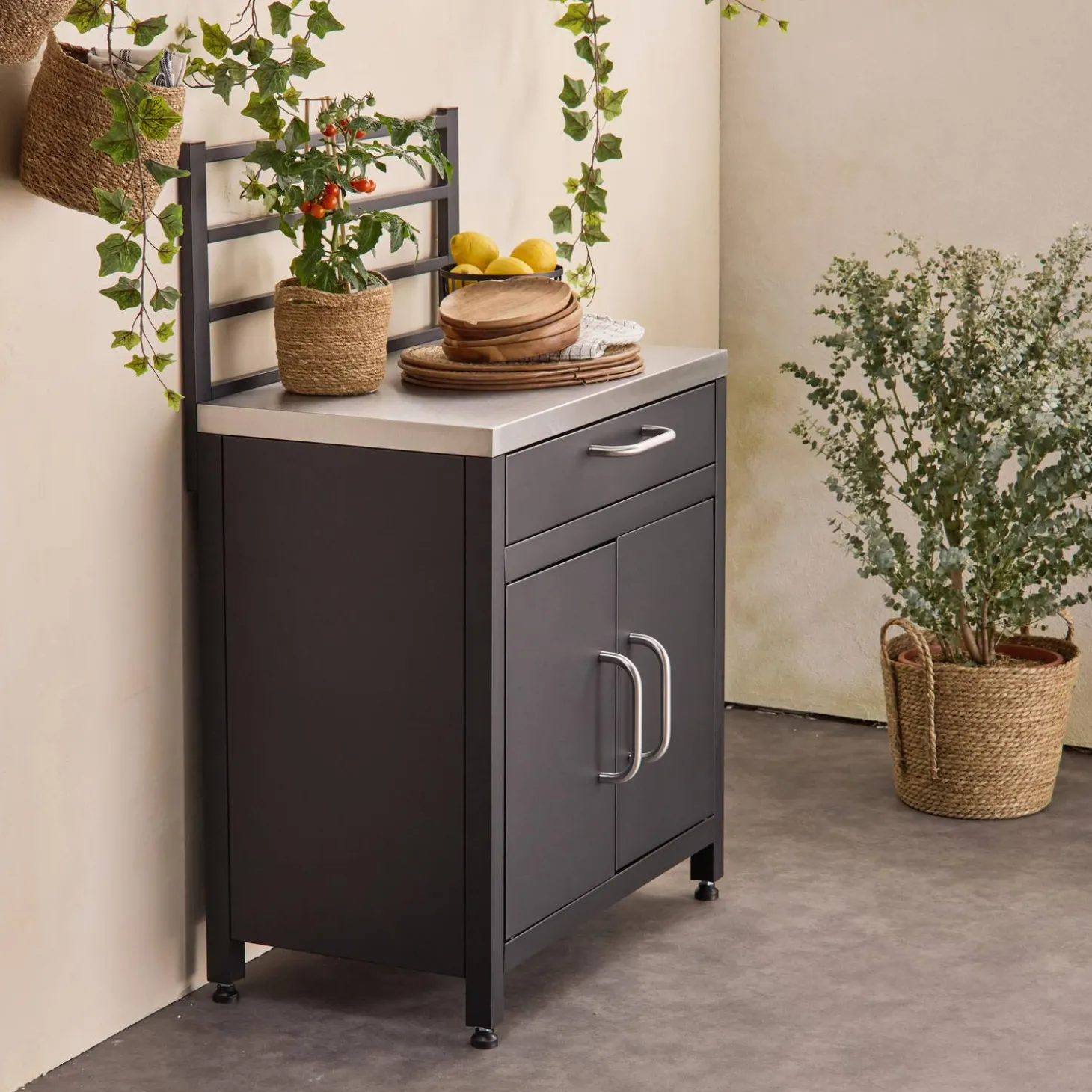 Stalen module buitenkeuken 1 lade en 2 deuren met ophangrooster, 80 cm breed