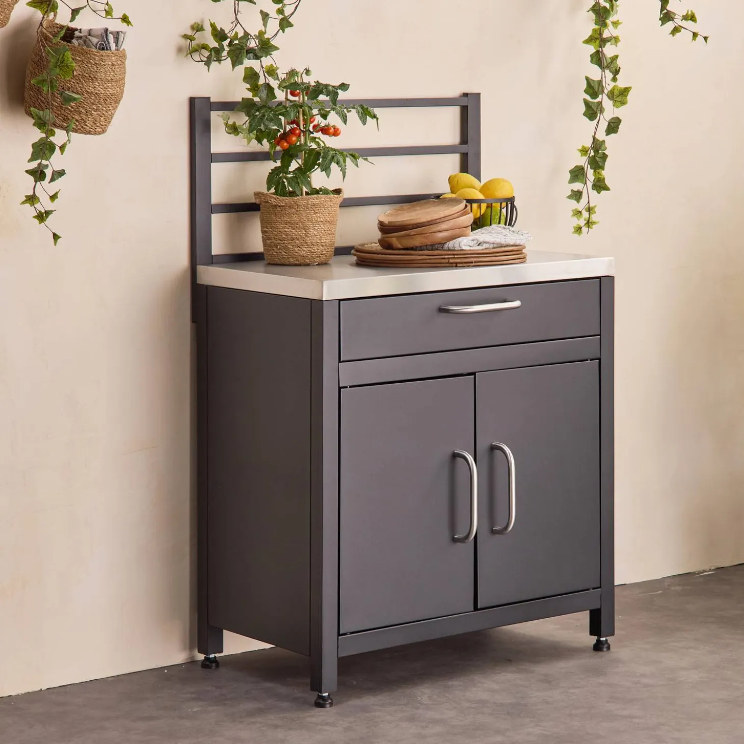 Stalen module buitenkeuken 1 lade en 2 deuren met ophangrooster, 80 cm breed