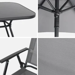 Stalen tuintafel, 6 fauteuils en 1 parasol