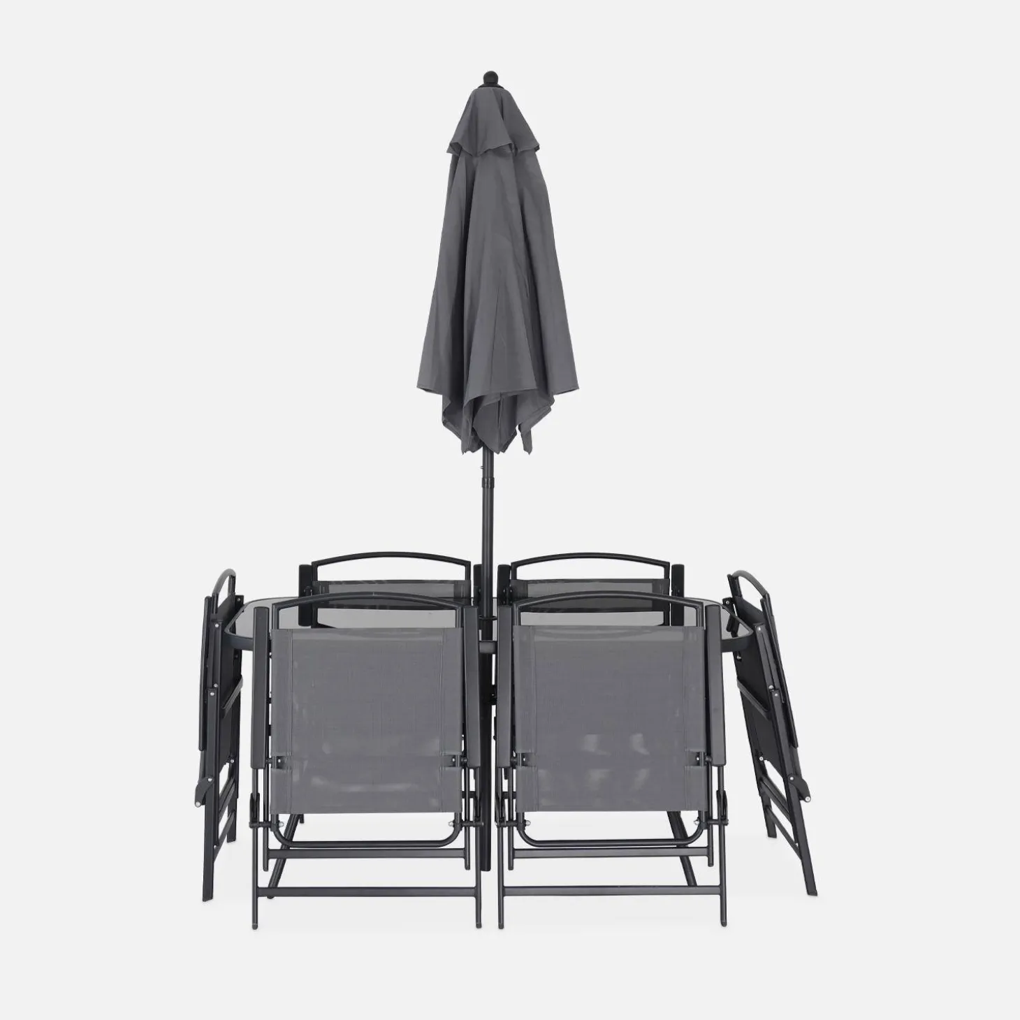 Stalen tuintafel, 6 fauteuils en 1 parasol