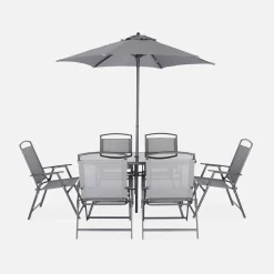 Stalen tuintafel, 6 fauteuils en 1 parasol