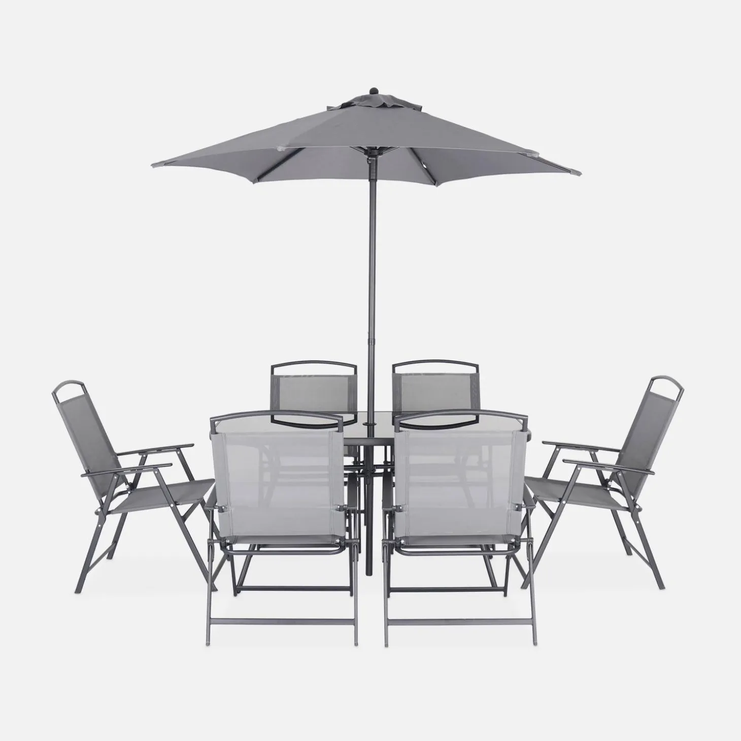 Stalen tuintafel, 6 fauteuils en 1 parasol