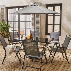 Stalen tuintafel, 6 fauteuils en 1 parasol