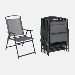 Stalen tuintafel, 6 fauteuils en 1 parasol