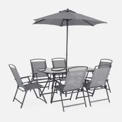 Stalen tuintafel, 6 fauteuils en 1 parasol