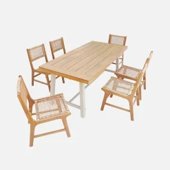 Tafel binnen/buiten acacia hout en metaal, 6 stoelen gevlochten hars