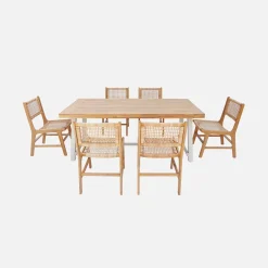 Tafel binnen/buiten acacia hout en metaal, 6 stoelen gevlochten hars