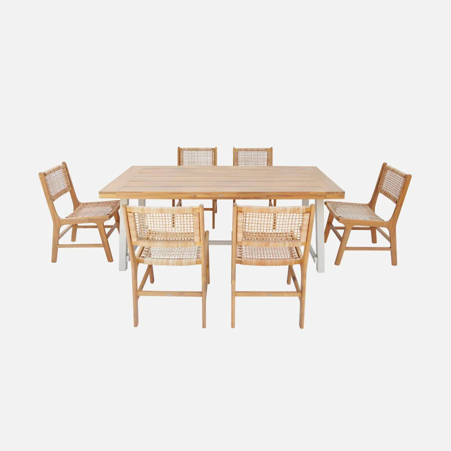 Tafel binnen/buiten acacia hout en metaal, 6 stoelen gevlochten hars