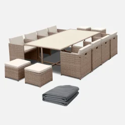 Tuinmeubelset van geweven hars, 8-12 zitplaatsen + beschermhoes
