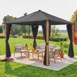 Tuinpaviljoen 3x3m met gordijnen en led aluminium met houteffect