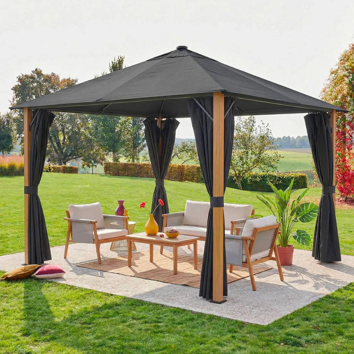 Tuinpaviljoen 3x3m met gordijnen en led aluminium met houteffect
