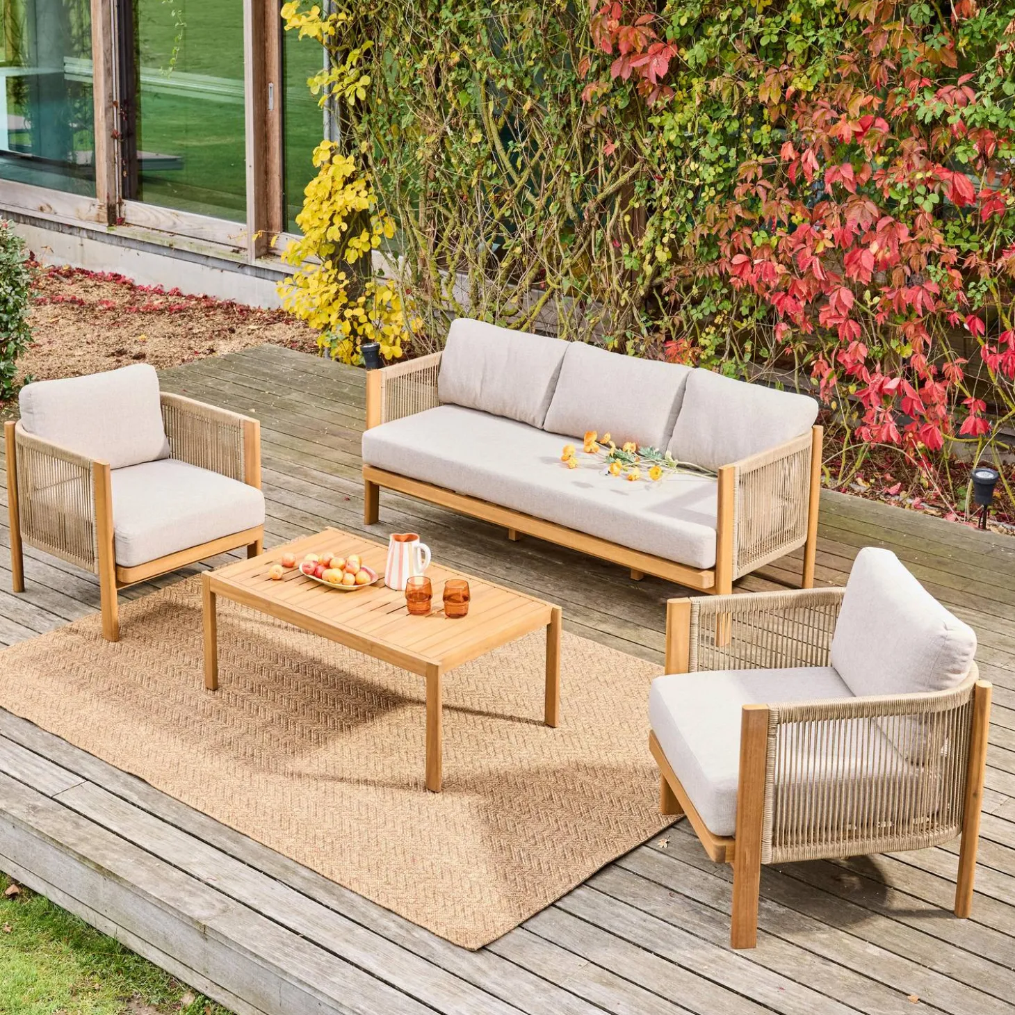 Tuinset met 5 zitplaatsen van acacia en touwen