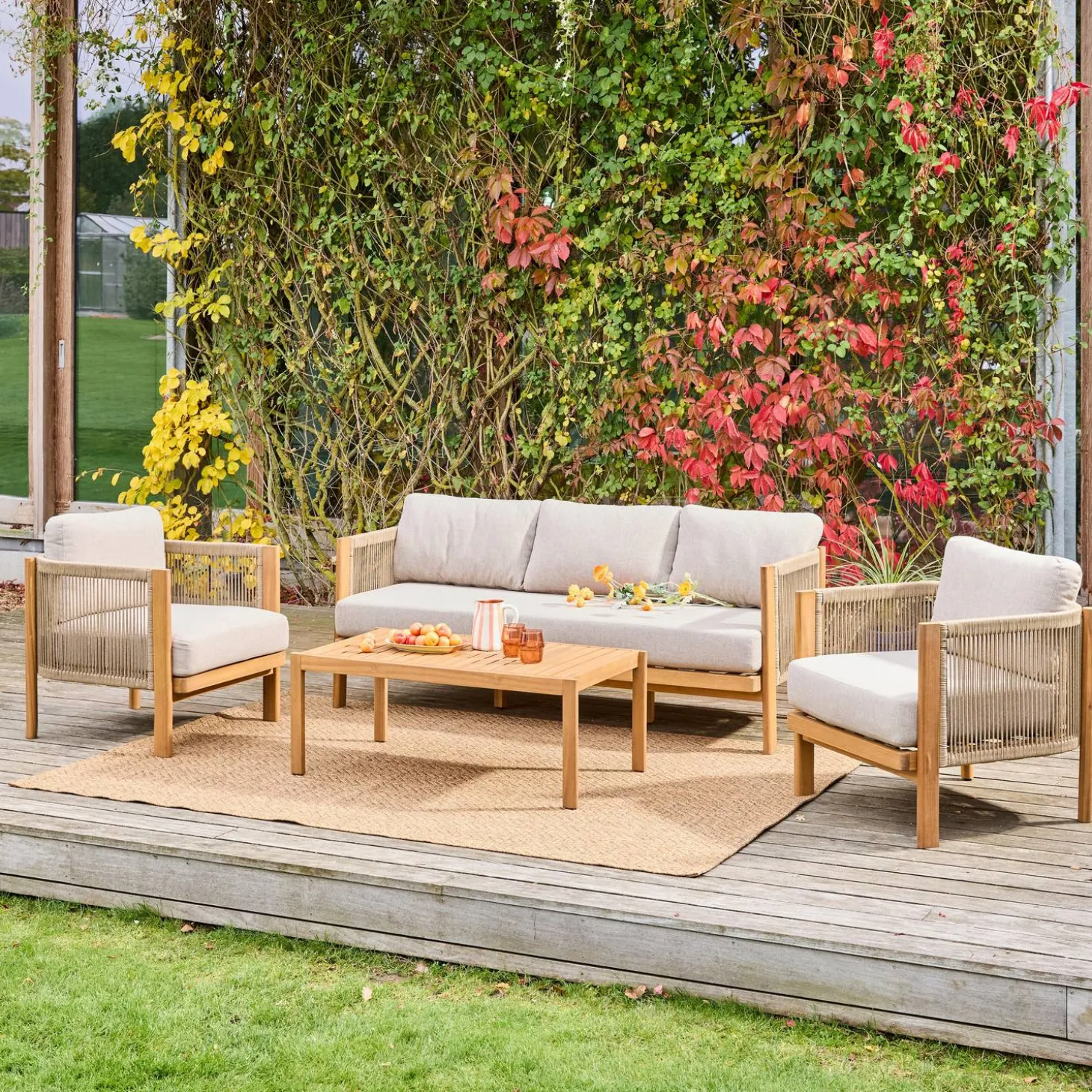 Tuinset met 5 zitplaatsen van acacia en touwen