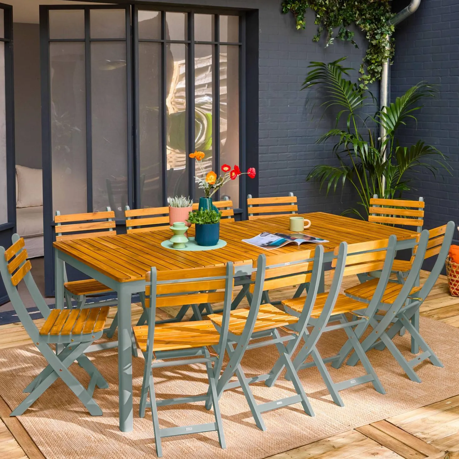 Tuinset van acacia met ronde hoeken, 10 stoelen