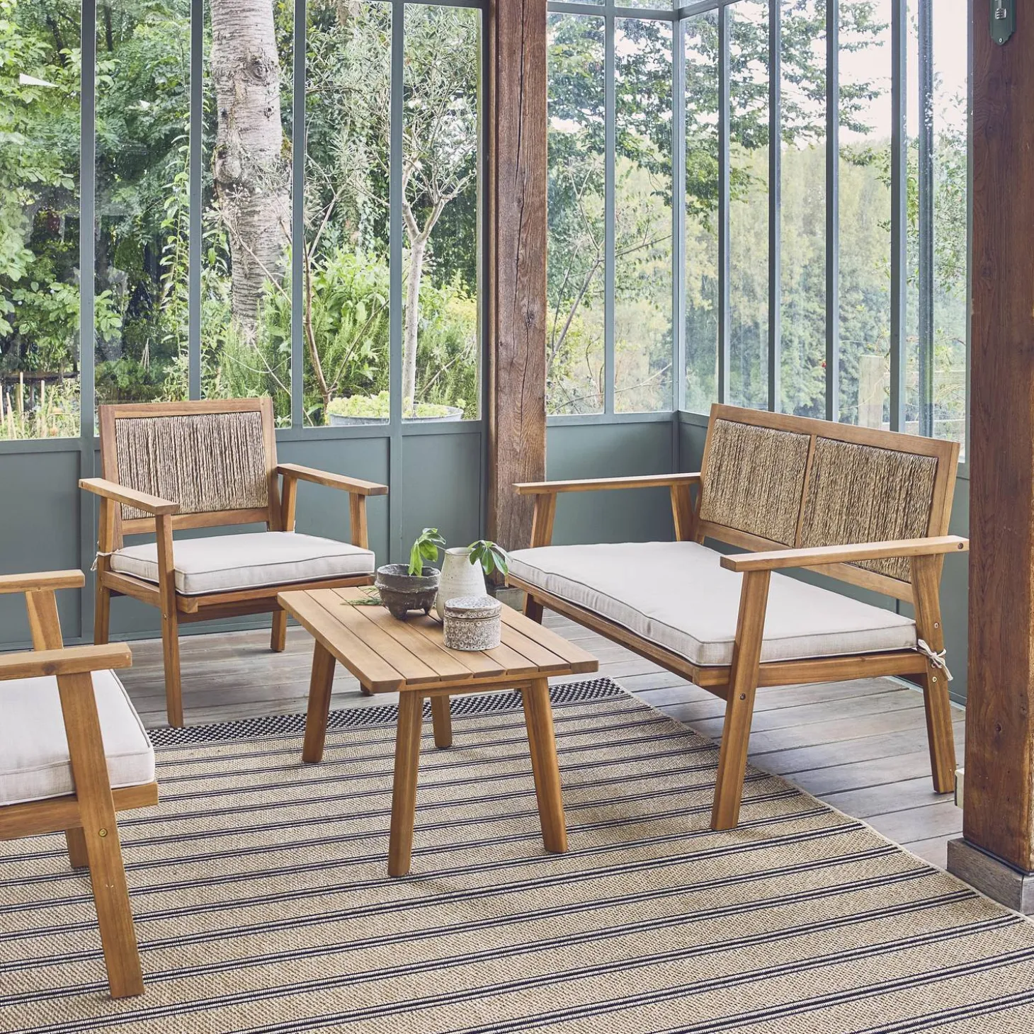 Tuinset van hout en verticale rotan, 4 personen
