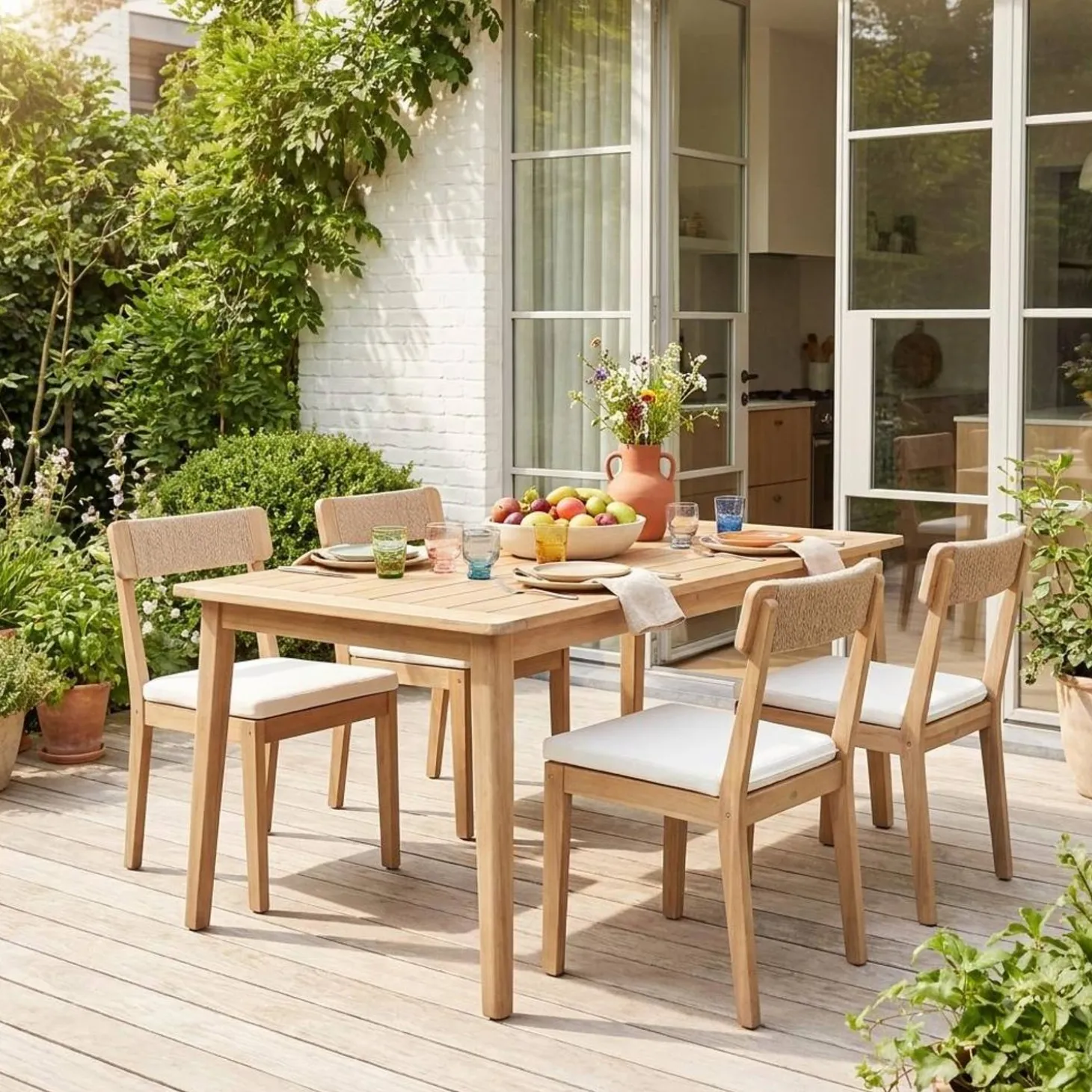 Tuinstoelen van acacia en touw (set van 4)