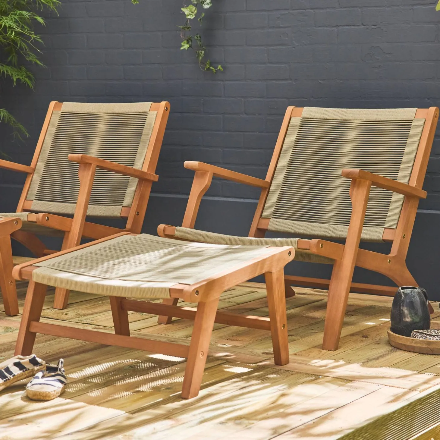 Tuinstoel met voetsteun van hout en touw (set van 2)