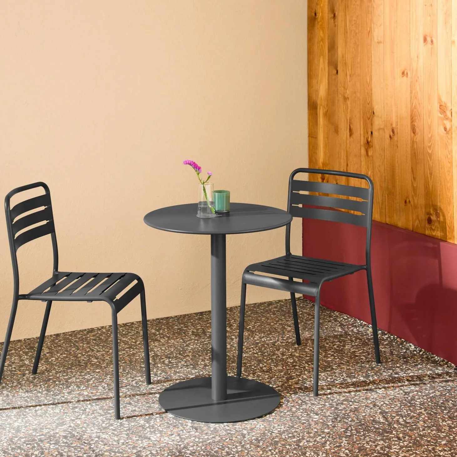 Tuintafel rond bistro van staal + 2 stoelen