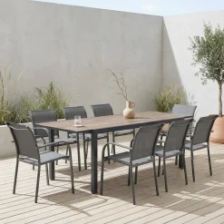 Tuintafel van aluminium met houteffect uitschuifbaar met 8 stoelen
