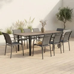 Tuintafel van aluminium met houteffect uitschuifbaar met 8 stoelen